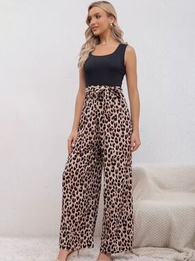 Leopard Print Wide-Leg Pants with Tie Waist - Black & Brown